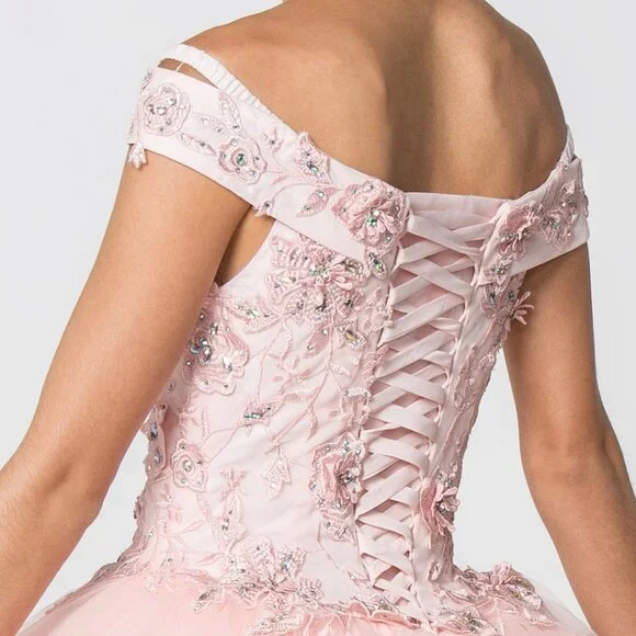 NEW LONG MESH OFF SHOULDER SLEEVELESS EMBROIDERED DRESS WITH LACED BACK GL2802 - Picture 6 of 7